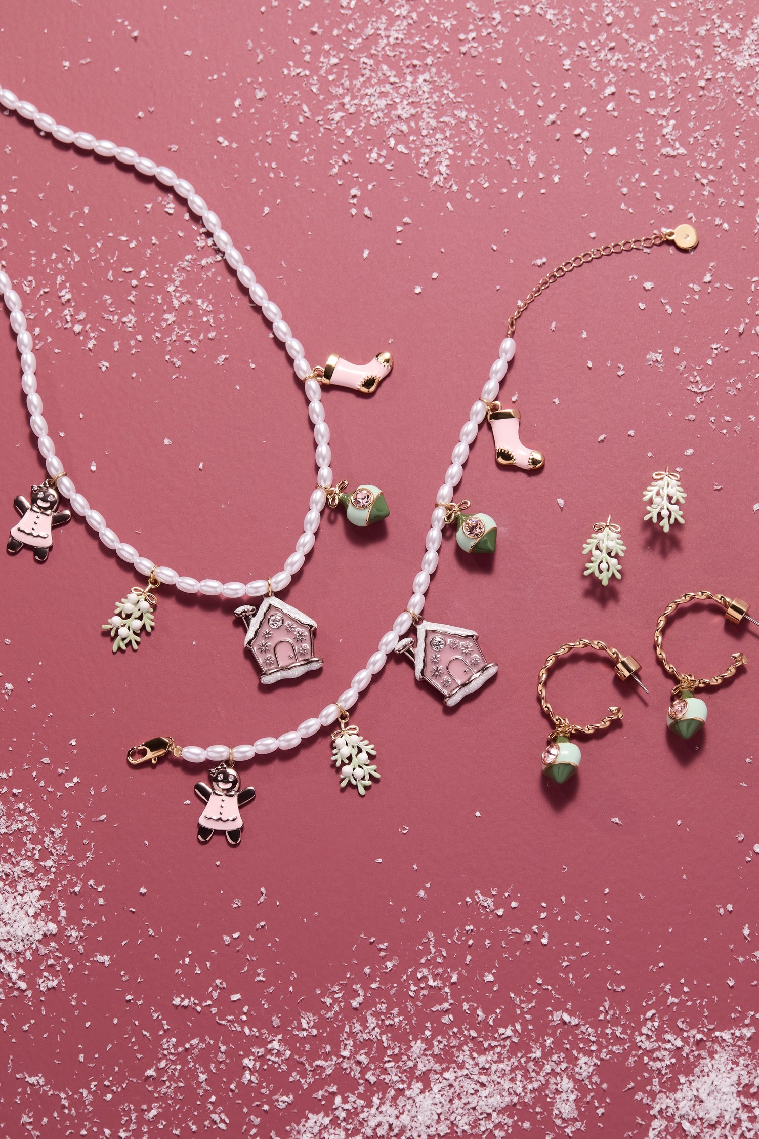 Pink Christmas Beaded Charm Necklace