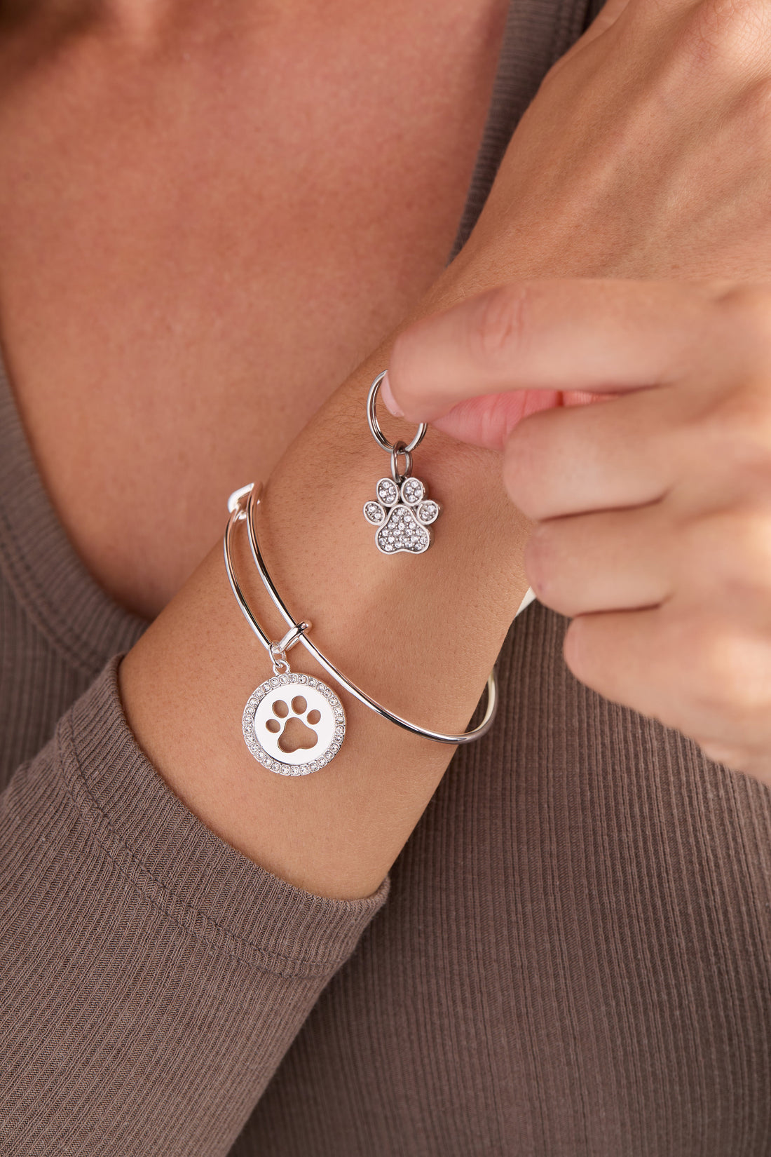 Paw Print Bangle &amp; Pet Collar Charm Set of 2