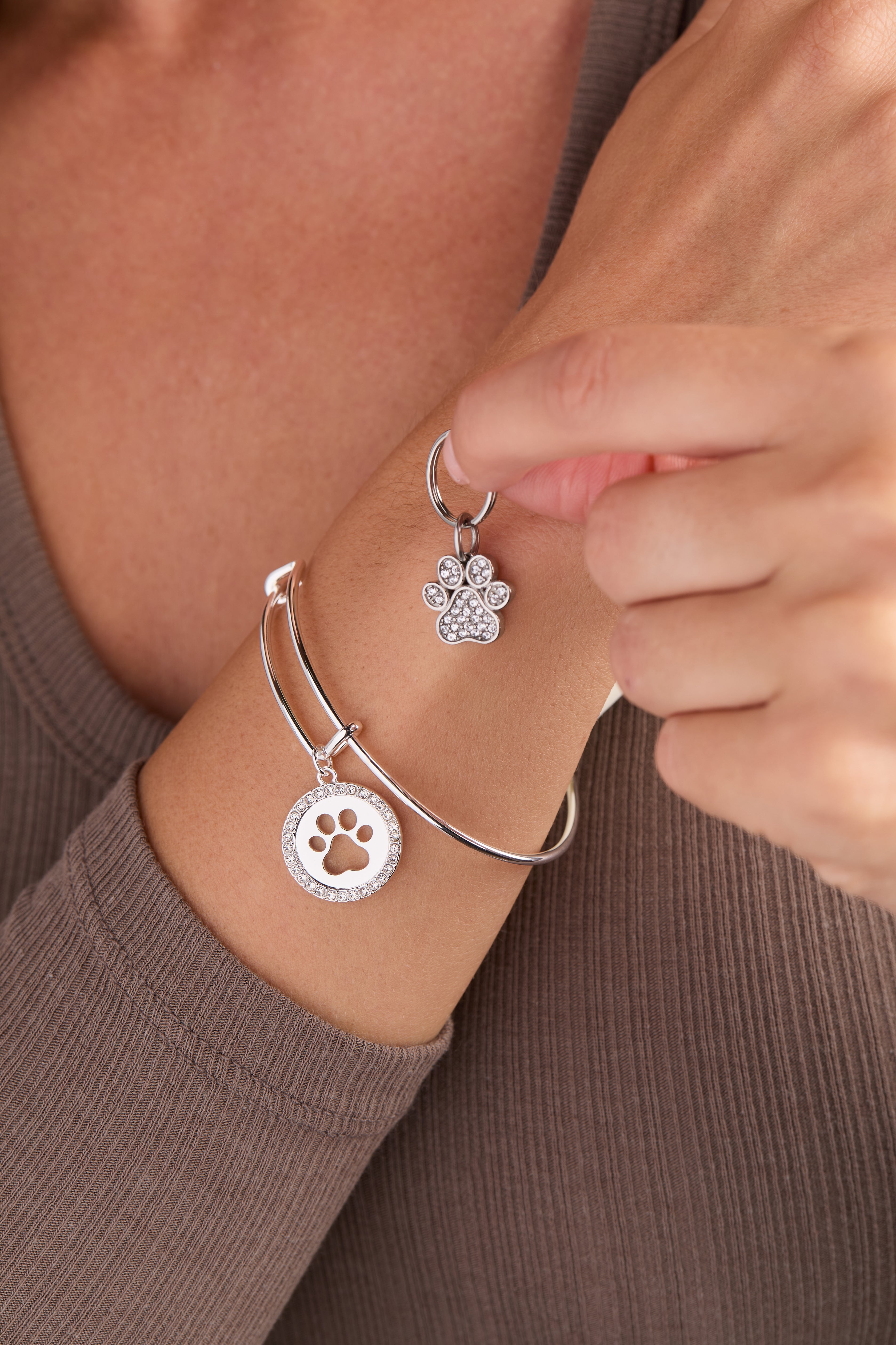Paw Print Bangle &amp; Pet Collar Charm Set of 2