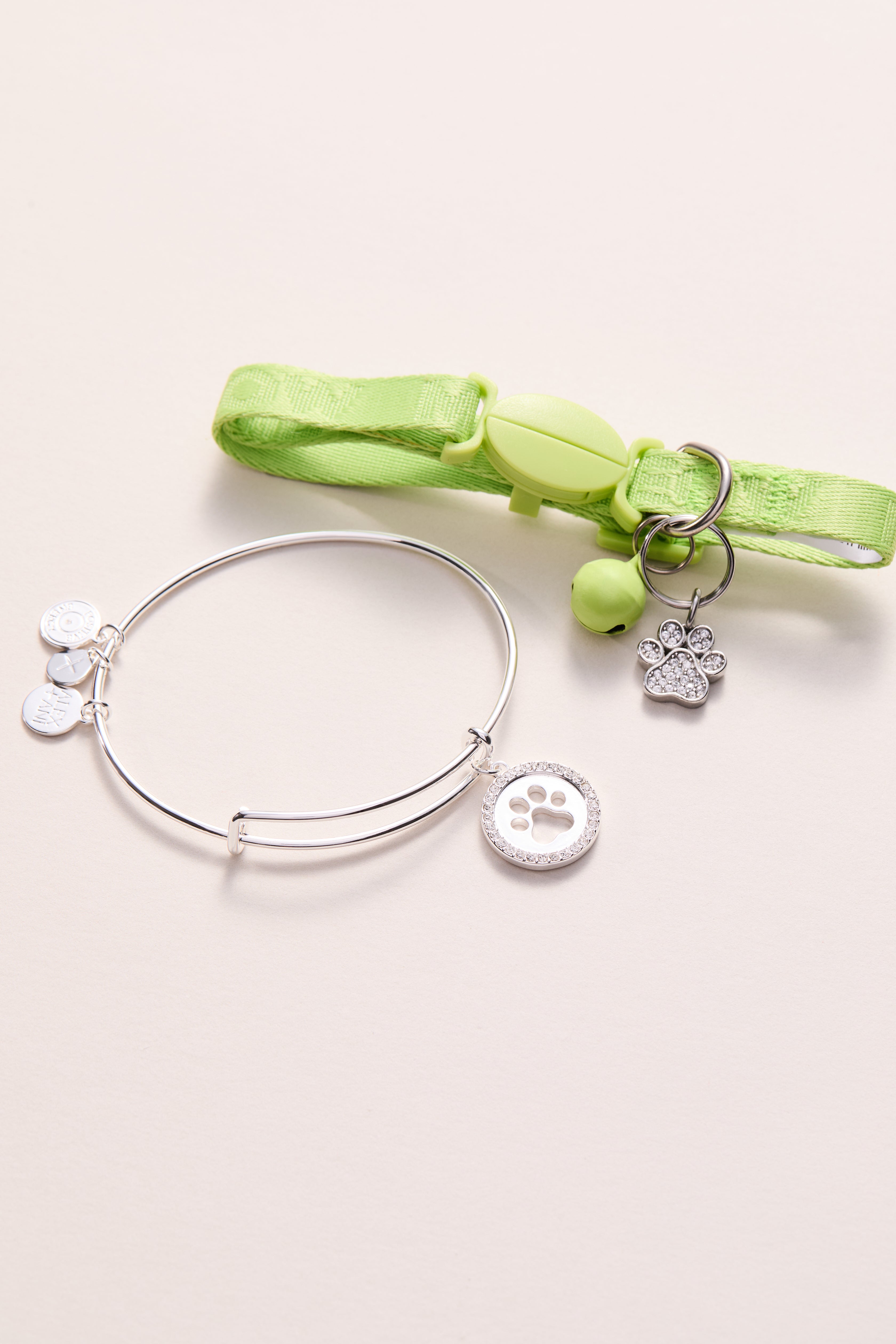 Paw Print Bangle &amp; Pet Collar Charm Set of 2