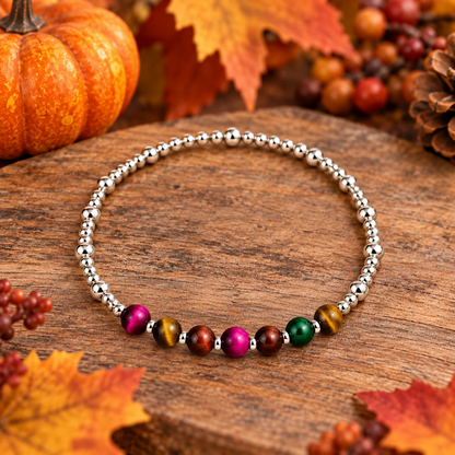 Sterling Silver &amp; Colorful Tiger Eye Beaded Bracelet