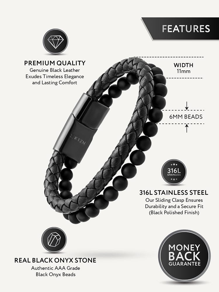 Black Braided Leather &amp; Black Onyx Bead Bracelet