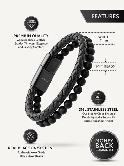 Black Braided Leather &amp; Black Onyx Bead Bracelet