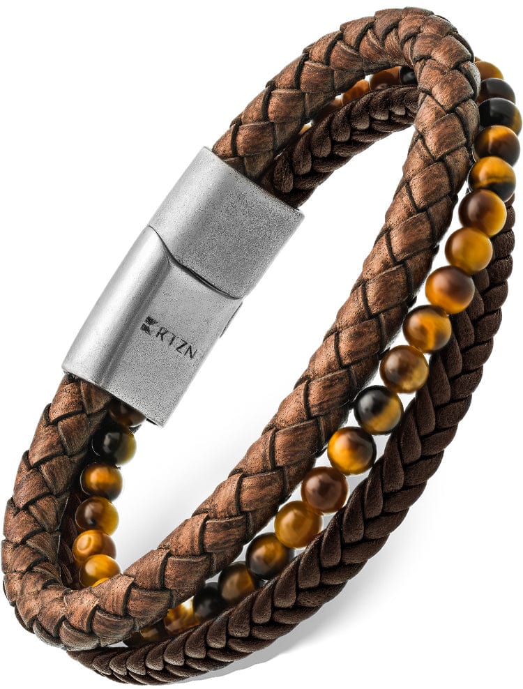 Stacked Brown Leather &amp; Tiger Eye Bead Bracelet