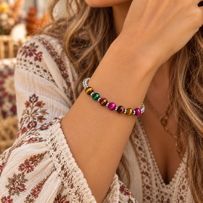 Sterling Silver &amp; Colorful Tiger Eye Beaded Bracelet