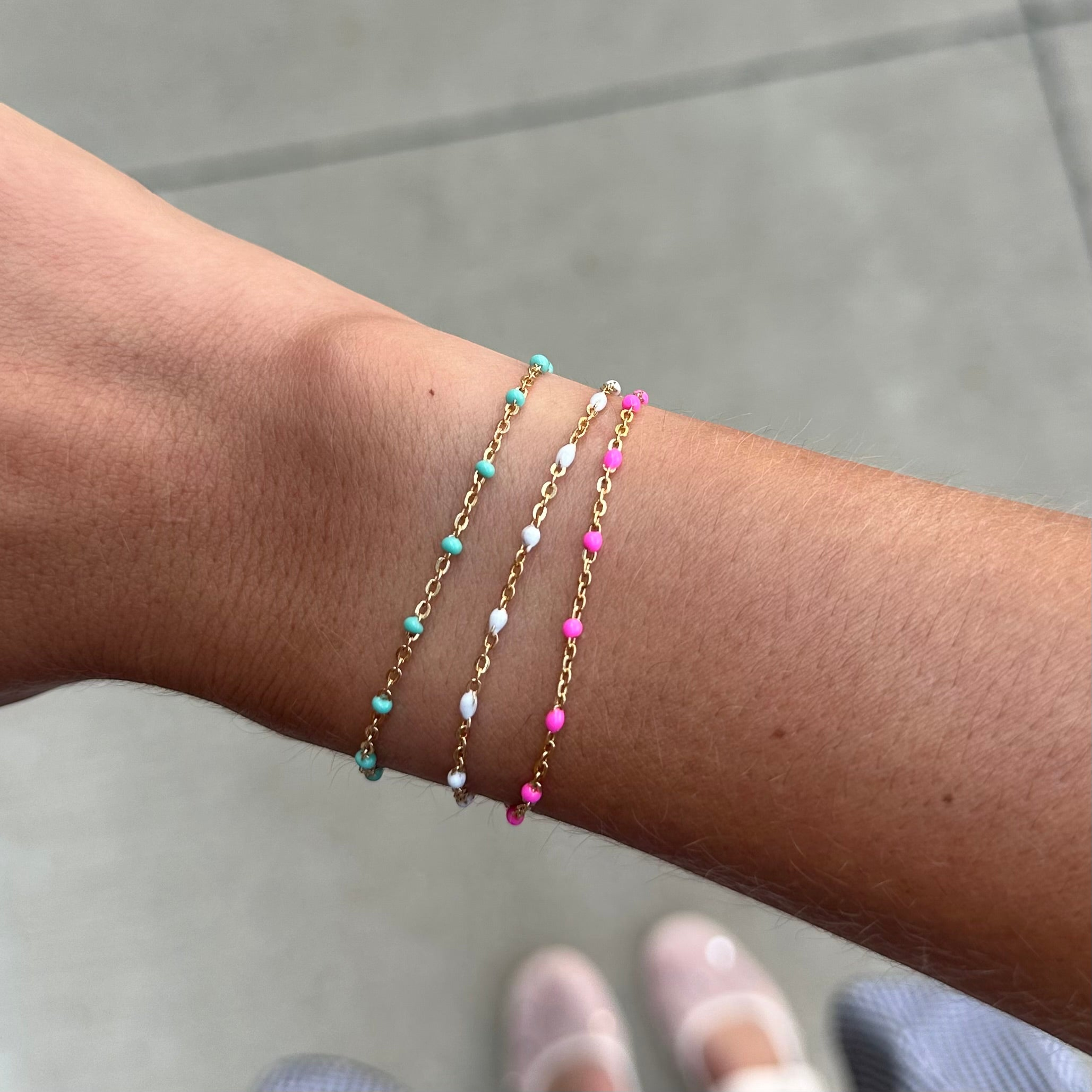turquoise + pink + white daisy bracelet triple stack