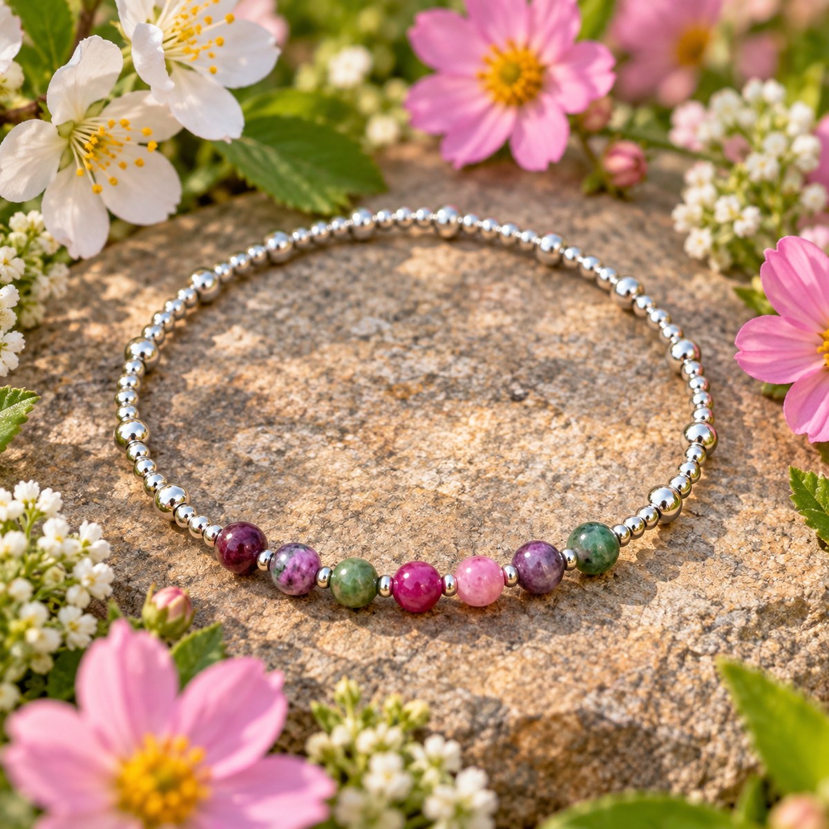 Casual Sterling Silver Bracelet with Pink &amp; Green Persian Stones