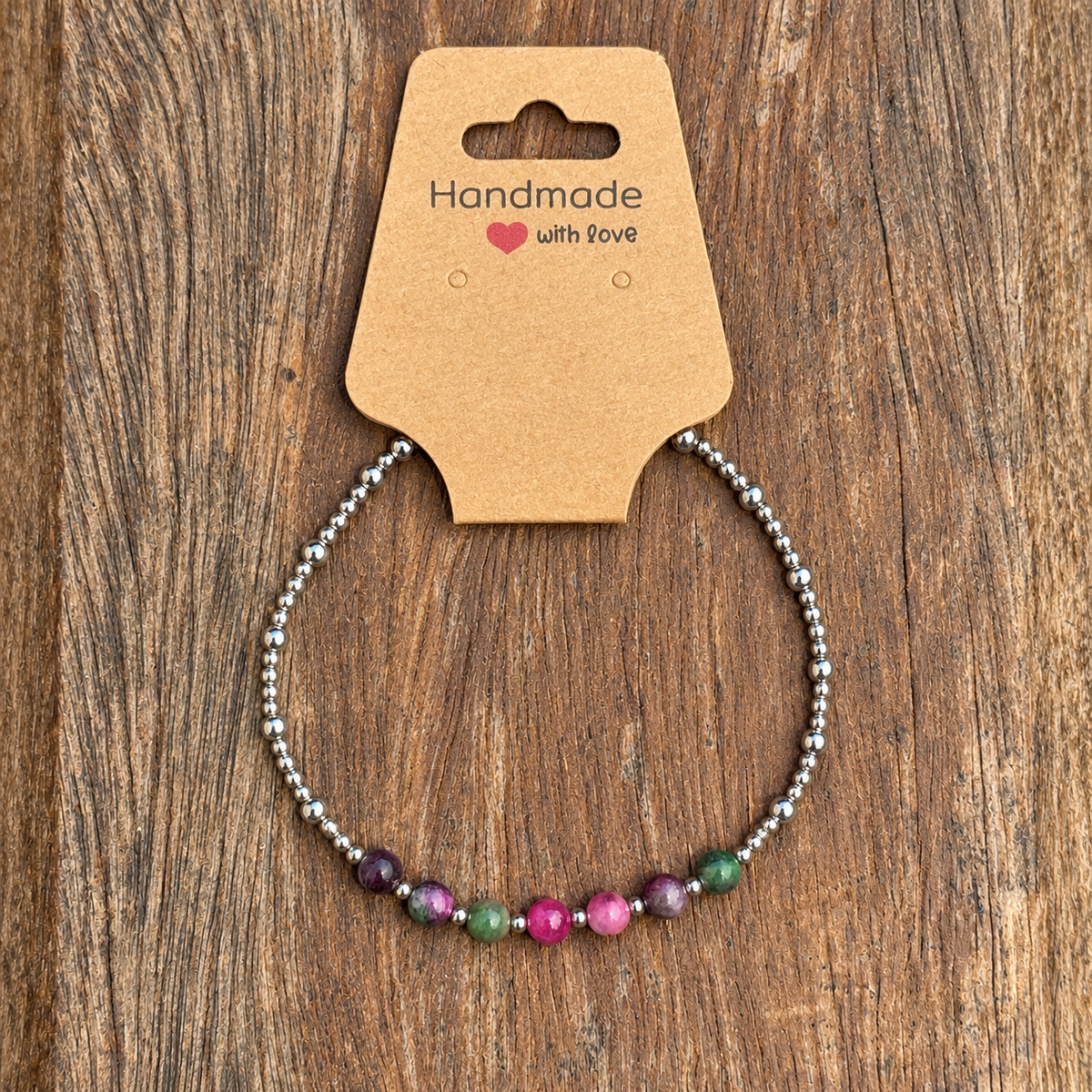 Casual Sterling Silver Bracelet with Pink &amp; Green Persian Stones