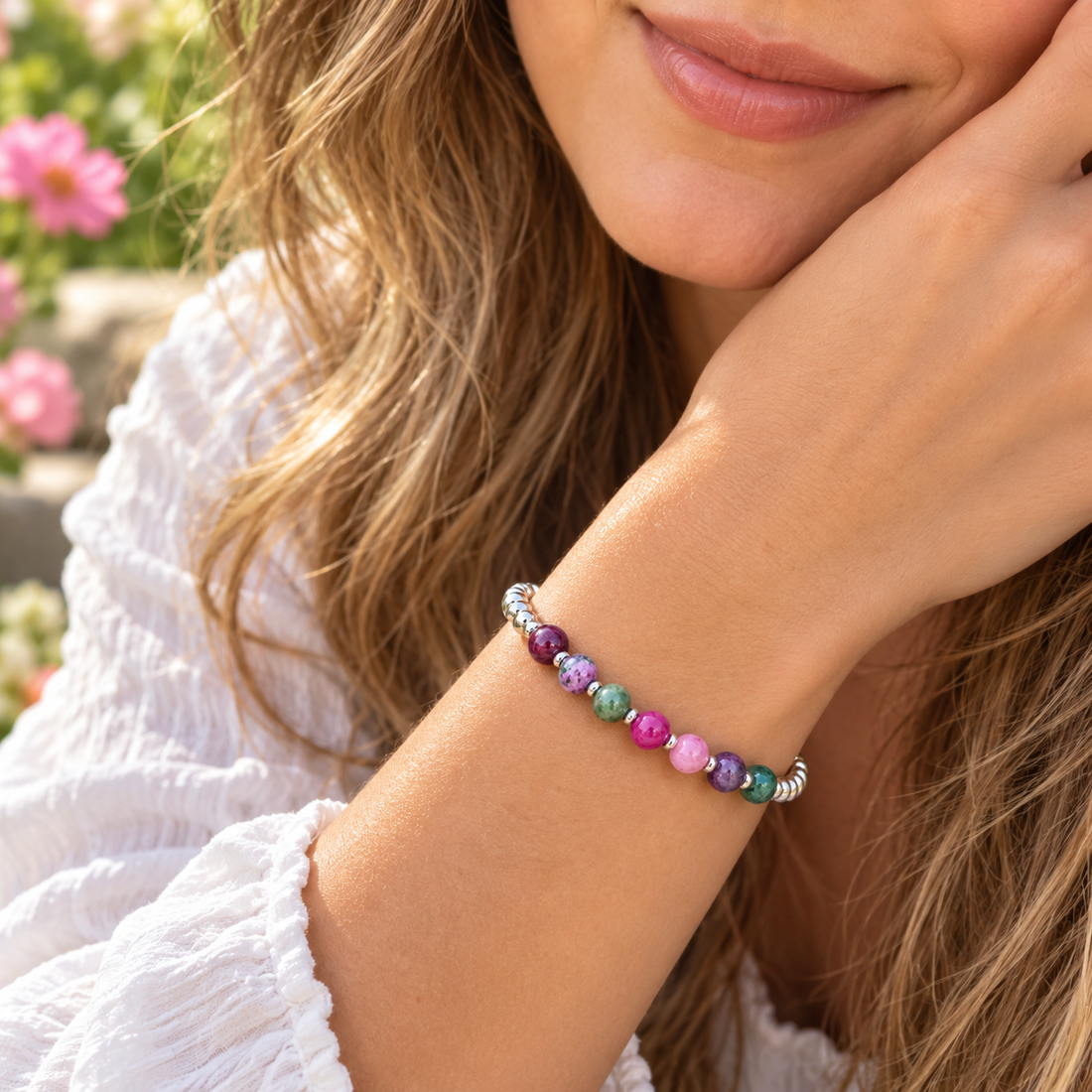 Casual Sterling Silver Bracelet with Pink &amp; Green Persian Stones