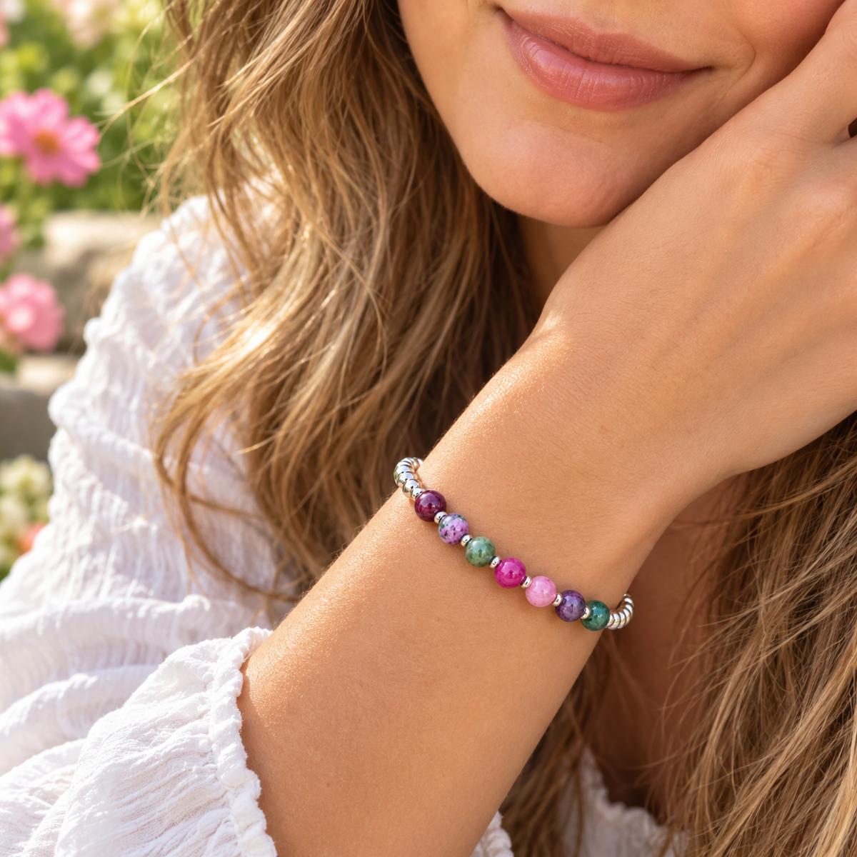 Casual Sterling Silver Bracelet with Pink &amp; Green Persian Stones