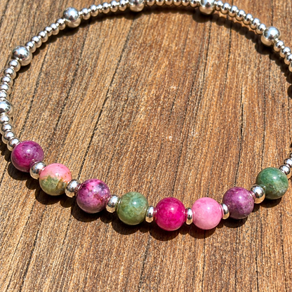 Casual Sterling Silver Bracelet with Pink &amp; Green Persian Stones