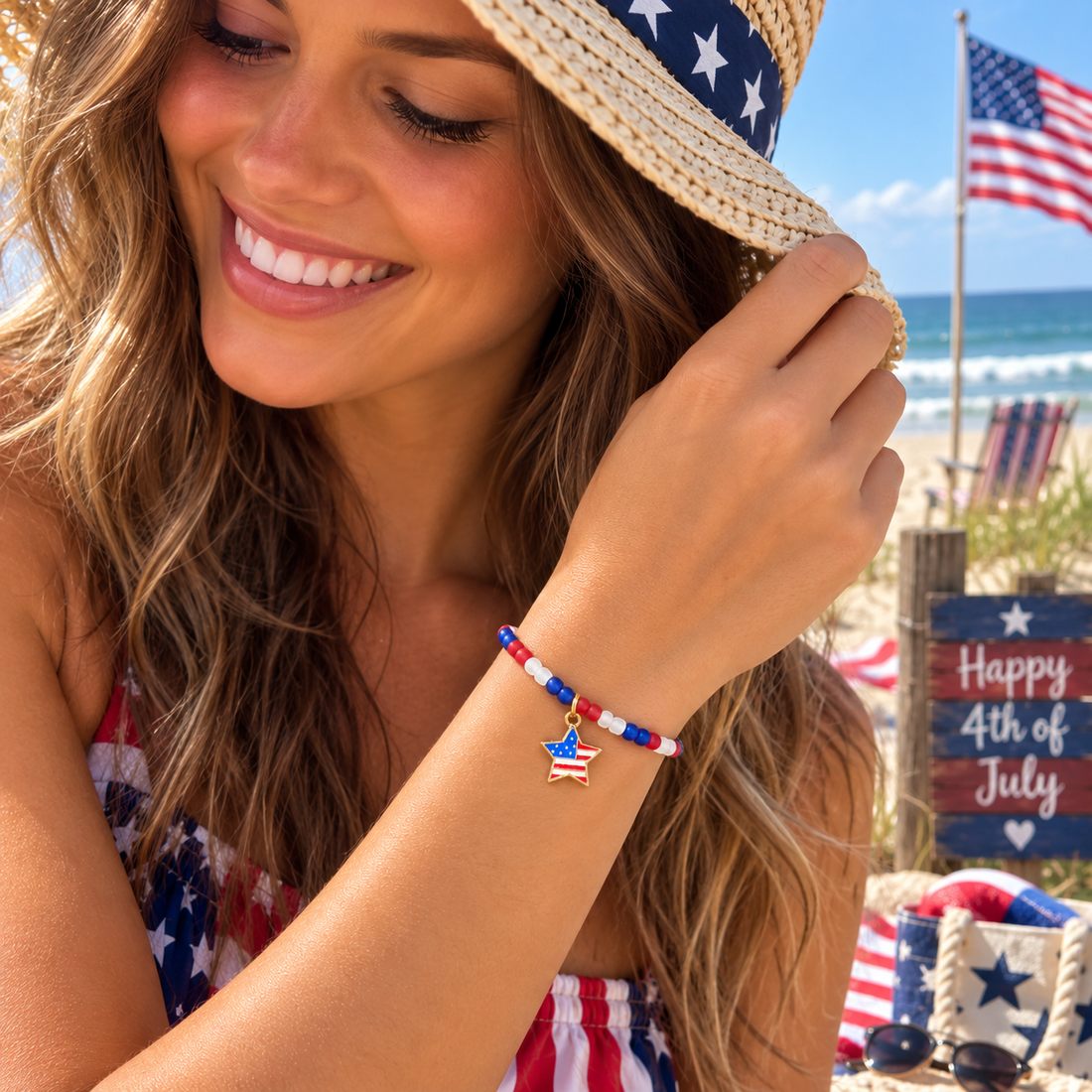 Patriotic Red, White &amp; Blue Matte Glass Bead Bracelet