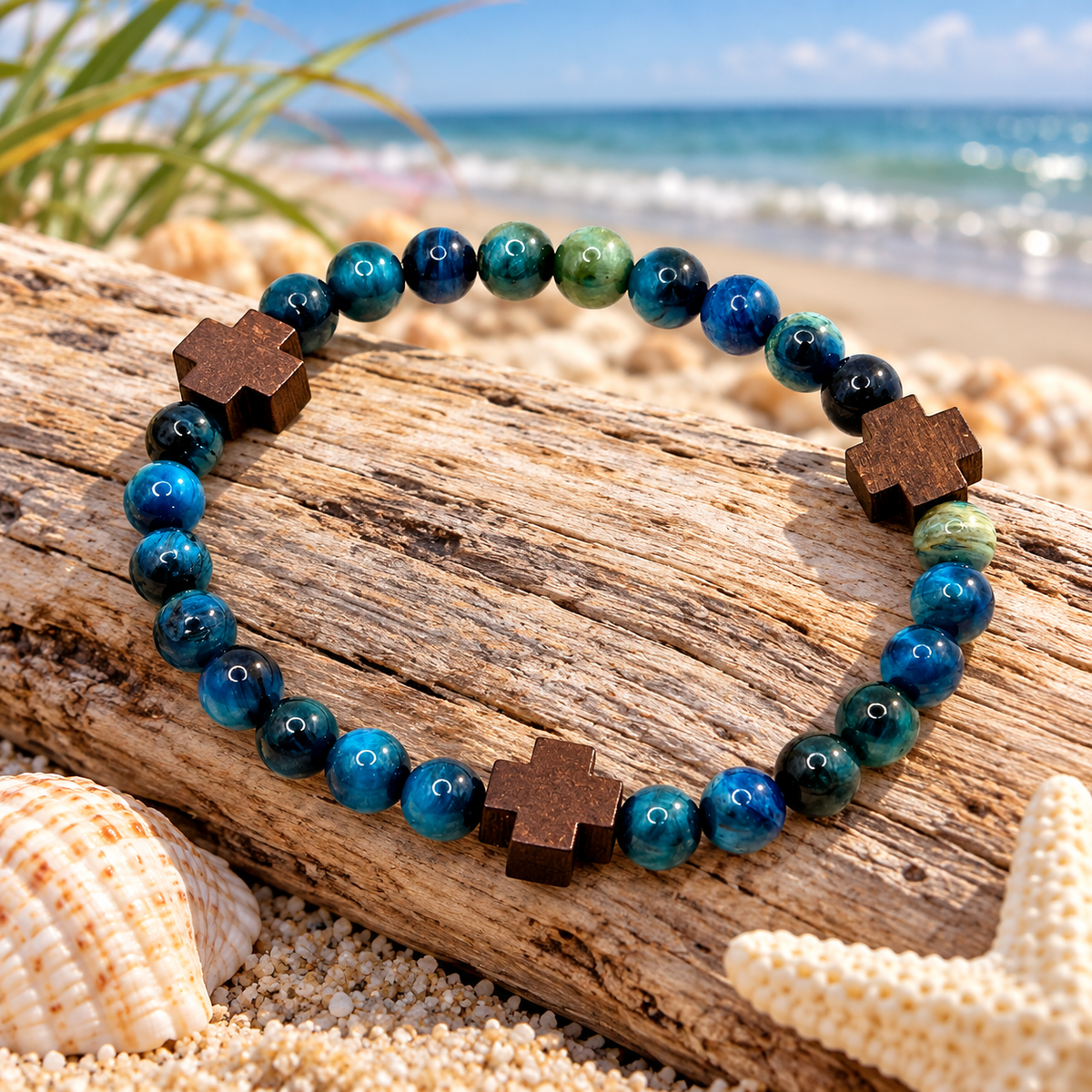 Blue Tiger Eye &amp; Wooden Cross Bracelet