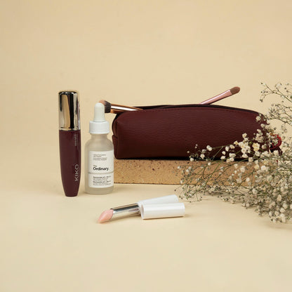 Elegant Leather Makeup Bag - Burgundy - Aurora