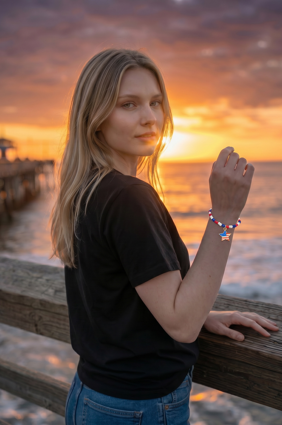Patriotic Red, White &amp; Blue Matte Glass Bead Bracelet