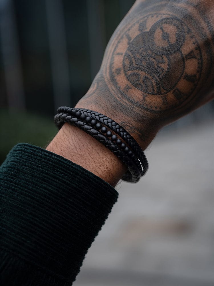 Stacked Black Leather &amp; Black Onyx Bead Bracelet