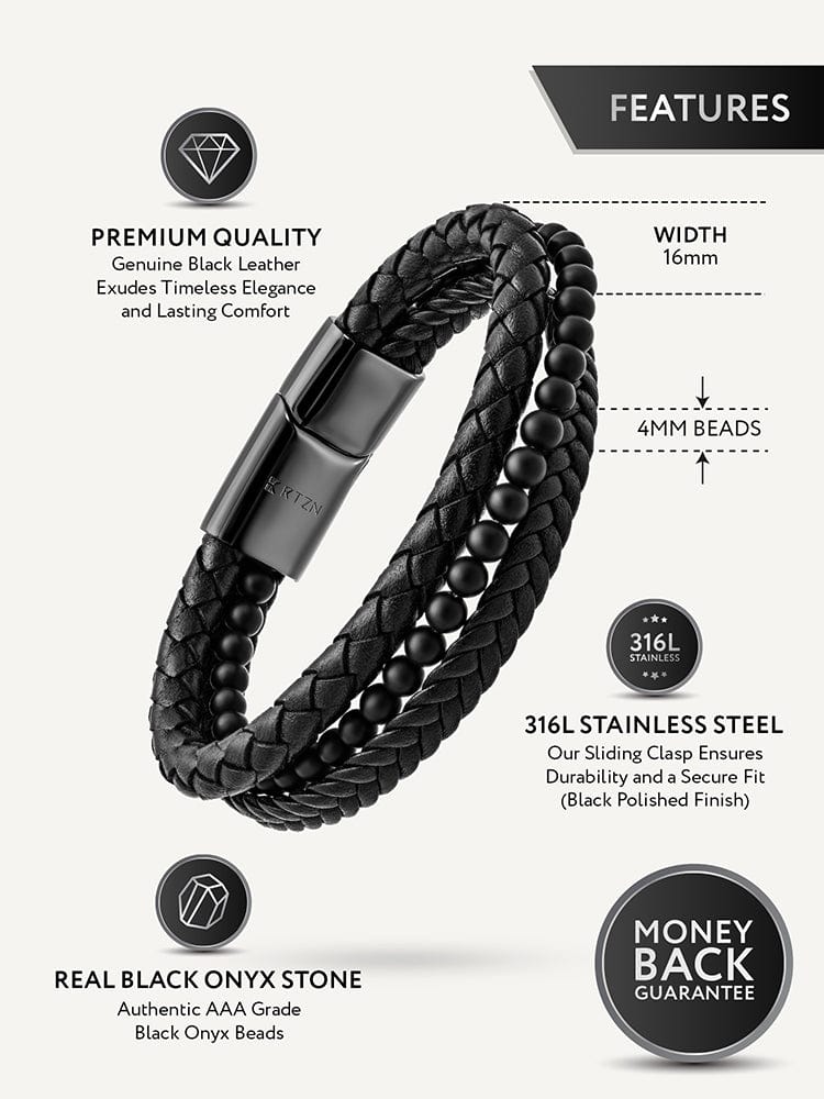 Stacked Black Leather &amp; Black Onyx Bead Bracelet