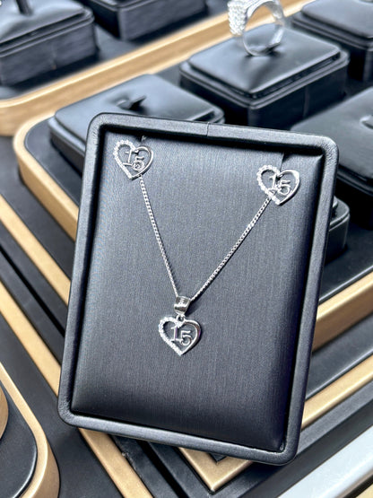 Quinceañera Jewelry Set Sterling Silver .925 – Necklace &amp; Heart Earrings for Girls | Set de Joyería de Quinceañera Plata .925