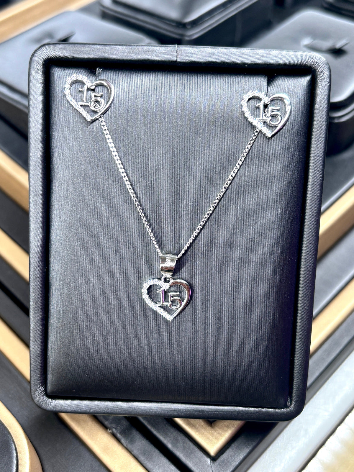 Quinceañera Jewelry Set Sterling Silver .925 – Necklace &amp; Heart Earrings for Girls | Set de Joyería de Quinceañera Plata .925