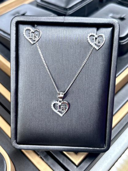 Quinceañera Jewelry Set Sterling Silver .925 – Necklace &amp; Heart Earrings for Girls | Set de Joyería de Quinceañera Plata .925