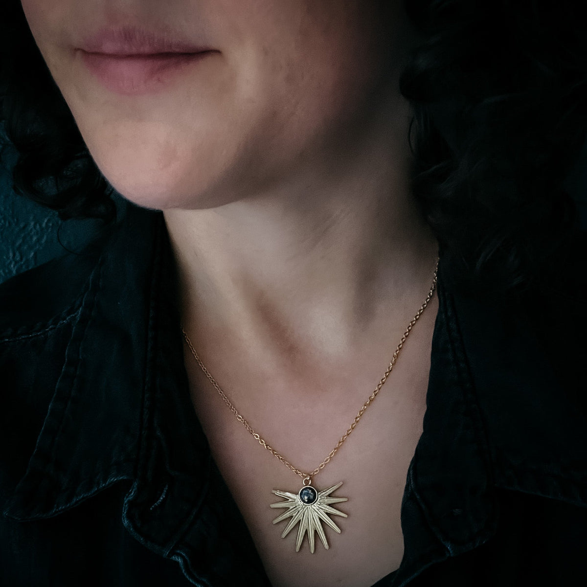 Dark Before the Dawn Sunburst Pendant Necklace with Copper Lapis Lazuli