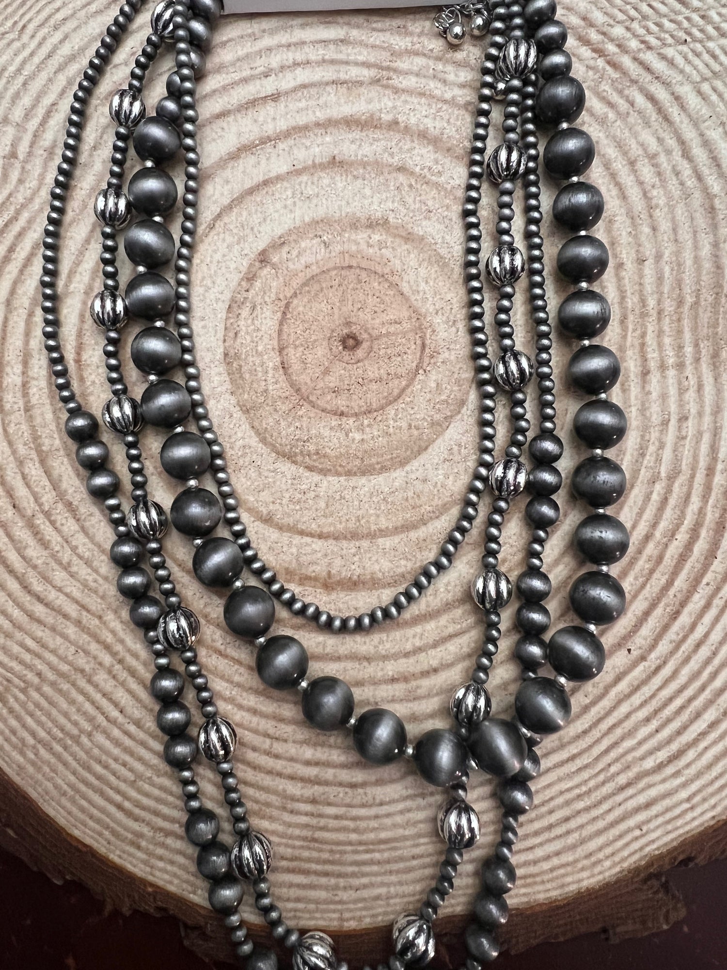 Faux Sterling Pearl Layered Necklace Set – 4-Piece Burnished Silver Western Set