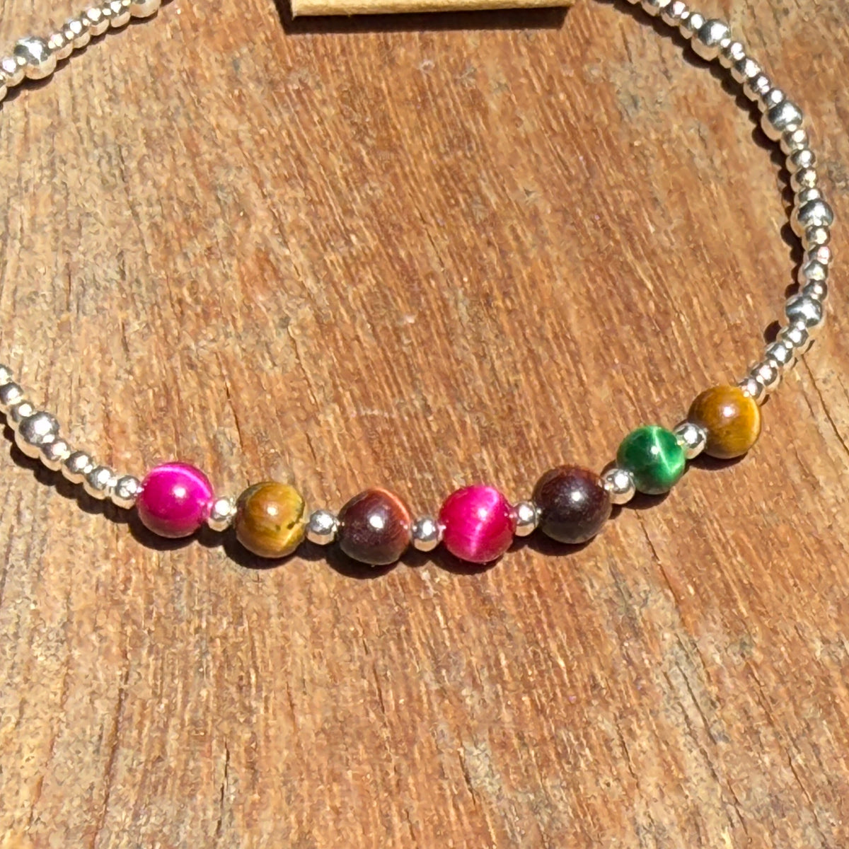 Sterling Silver &amp; Colorful Tiger Eye Beaded Bracelet