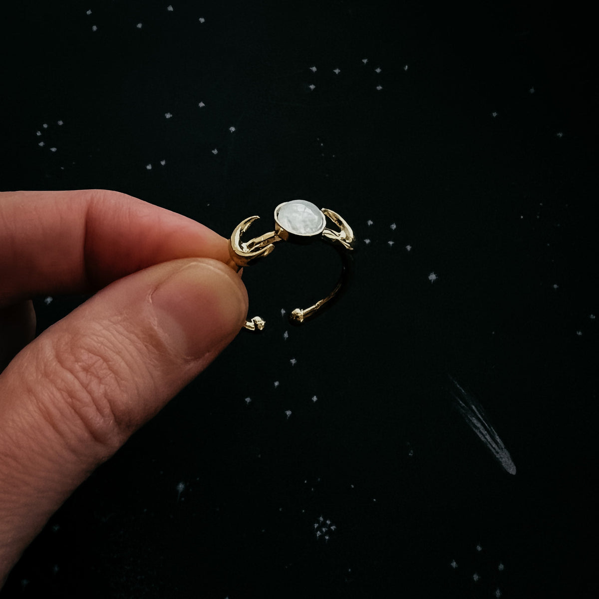 Lunar Witch Crescent Moon Ring with Rainbow Moonstone