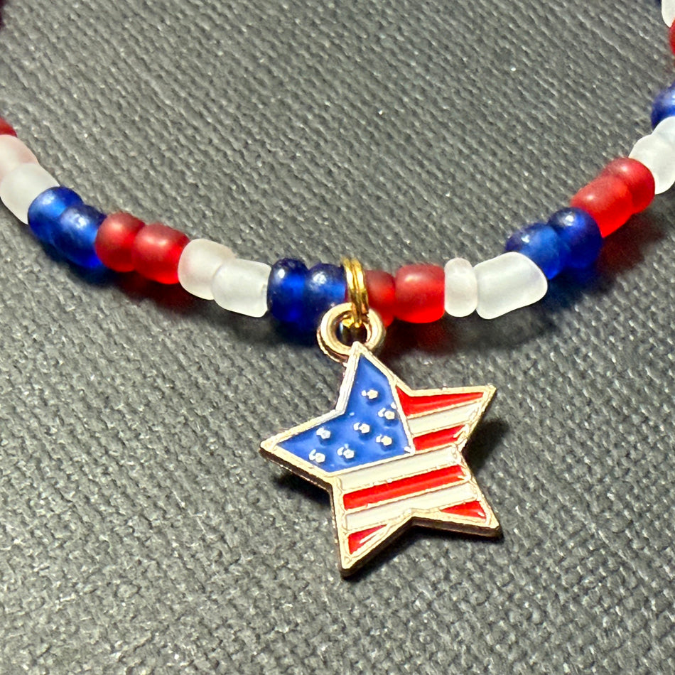 Patriotic Red, White &amp; Blue Matte Glass Bead Bracelet