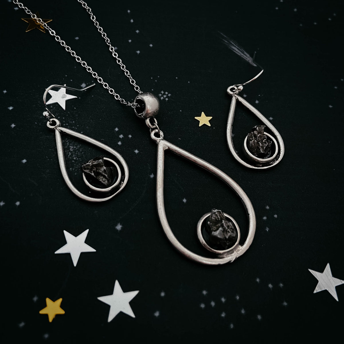 Meteorite Jewelry Set - Teardrop Necklace and Earrings