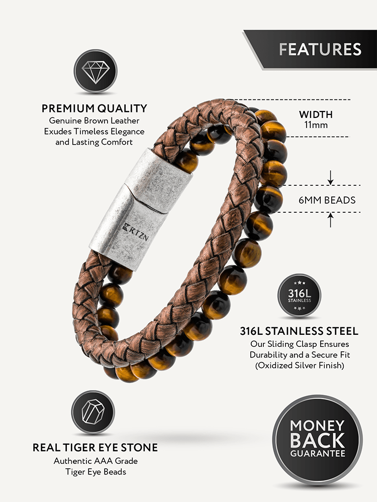 Brown Braided Leather &amp; Tiger Eye Bead Bracelet