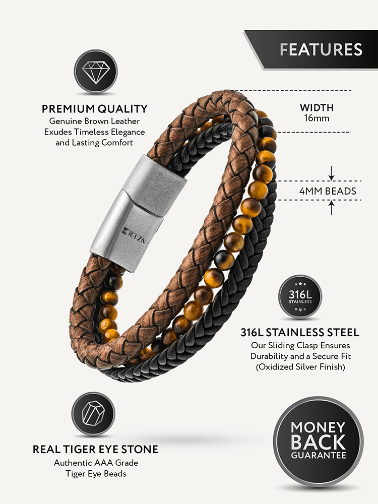 Stacked Brown Leather &amp; Tiger Eye Bead Bracelet