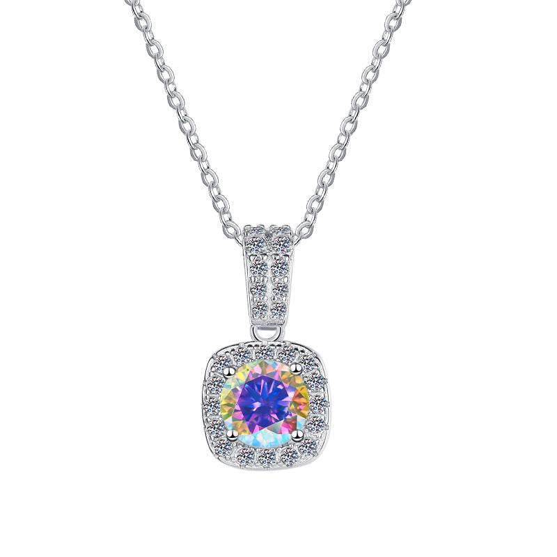 S925 Colorful Moissanite Pendant Necklace with Pavé-Set Halo &amp; Hoop, 1ct D-Grade VVS1 Moissanite in 12 Dazzling Colors with GAR Certification, Sterling Silver Necklace