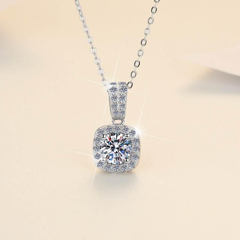 S925 Colorful Moissanite Pendant Necklace with Pavé-Set Halo &amp; Hoop, 1ct D-Grade VVS1 Moissanite in 12 Dazzling Colors with GAR Certification, Sterling Silver Necklace