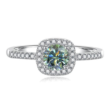 S925 Multicolor Moissanite Cushion Halo Adjustable Rings with Pavé-Set Band &amp; Square Accents, 0.5ct-2ct D-Grade VVS Certificate, 12 Vibrant Colors, Sterling Silver Jewelry