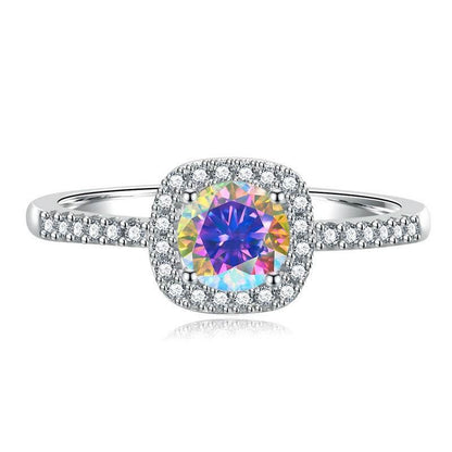 S925 Multicolor Moissanite Cushion Halo Adjustable Rings with Pavé-Set Band &amp; Square Accents, 0.5ct-2ct D-Grade VVS Certificate, 12 Vibrant Colors, Sterling Silver Jewelry