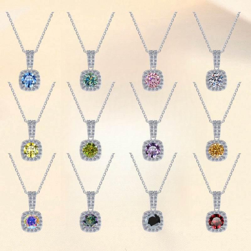 S925 Colorful Moissanite Pendant Necklace with Pavé-Set Halo &amp; Hoop, 1ct D-Grade VVS1 Moissanite in 12 Dazzling Colors with GAR Certification, Sterling Silver Necklace