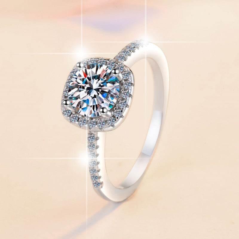 S925 Multicolor Moissanite Cushion Halo Adjustable Rings with Pavé-Set Band &amp; Square Accents, 0.5ct-2ct D-Grade VVS Certificate, 12 Vibrant Colors, Sterling Silver Jewelry