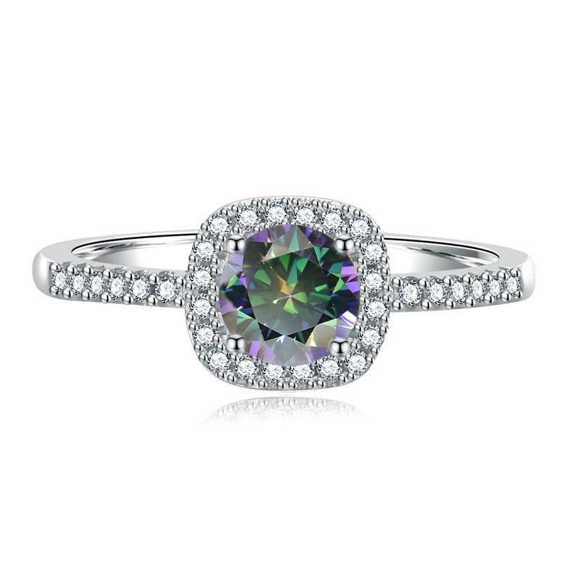 S925 Multicolor Moissanite Cushion Halo Adjustable Rings with Pavé-Set Band &amp; Square Accents, 0.5ct-2ct D-Grade VVS Certificate, 12 Vibrant Colors, Sterling Silver Jewelry
