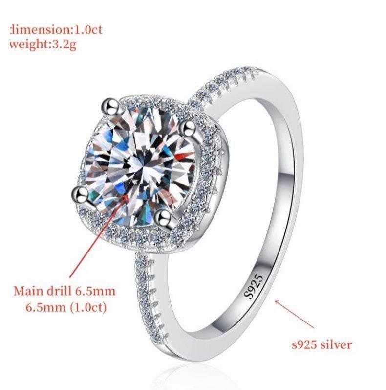 S925 Multicolor Moissanite Cushion Halo Adjustable Rings with Pavé-Set Band &amp; Square Accents, 0.5ct-2ct D-Grade VVS Certificate, 12 Vibrant Colors, Sterling Silver Jewelry