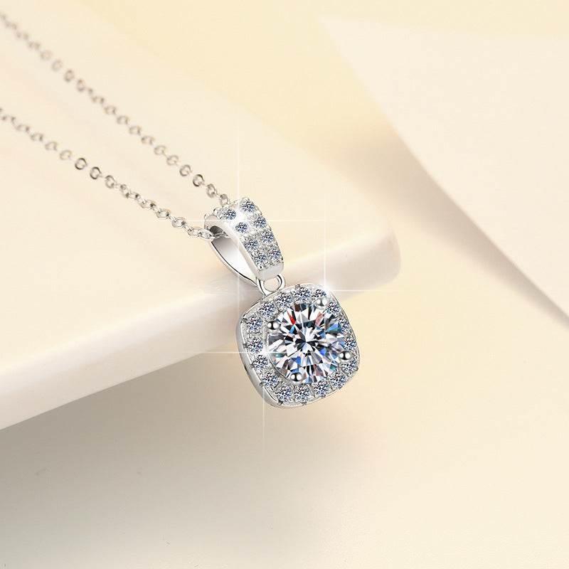 S925 Colorful Moissanite Pendant Necklace with Pavé-Set Halo &amp; Hoop, 1ct D-Grade VVS1 Moissanite in 12 Dazzling Colors with GAR Certification, Sterling Silver Necklace