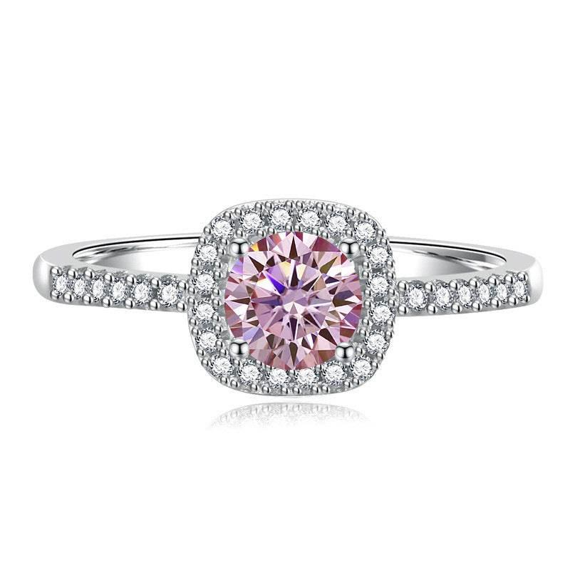 S925 Multicolor Moissanite Cushion Halo Adjustable Rings with Pavé-Set Band &amp; Square Accents, 0.5ct-2ct D-Grade VVS Certificate, 12 Vibrant Colors, Sterling Silver Jewelry