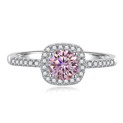 S925 Multicolor Moissanite Cushion Halo Adjustable Rings with Pavé-Set Band &amp; Square Accents, 0.5ct-2ct D-Grade VVS Certificate, 12 Vibrant Colors, Sterling Silver Jewelry