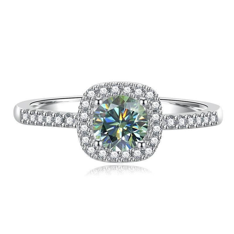 S925 Multicolor Moissanite Cushion Halo Adjustable Rings with Pavé-Set Band &amp; Square Accents, 0.5ct-2ct D-Grade VVS Certificate, 12 Vibrant Colors, Sterling Silver Jewelry
