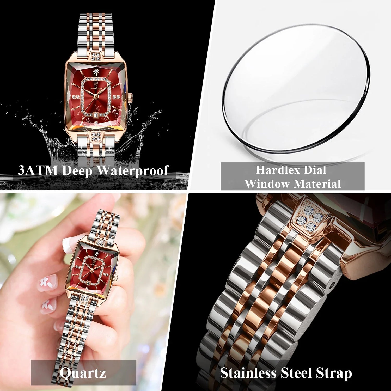 POEDAGAR Luxury Watch For Woman Elegant Waterproof Calendar Ladies Watch Rectangle Stainless Steel Quartz Women&