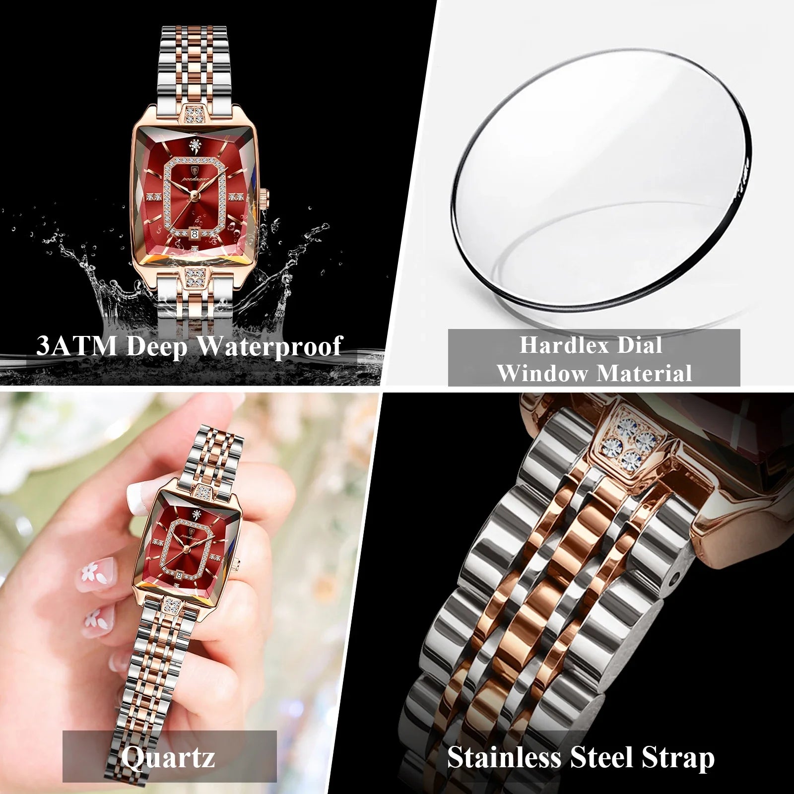 POEDAGAR Luxury Watch For Woman Elegant Waterproof Calendar Ladies Watch Rectangle Stainless Steel Quartz Women&