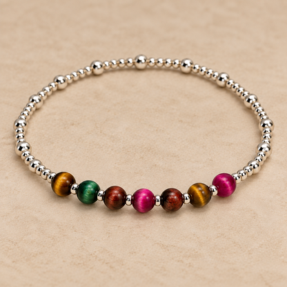 Sterling Silver &amp; Colorful Tiger Eye Beaded Bracelet