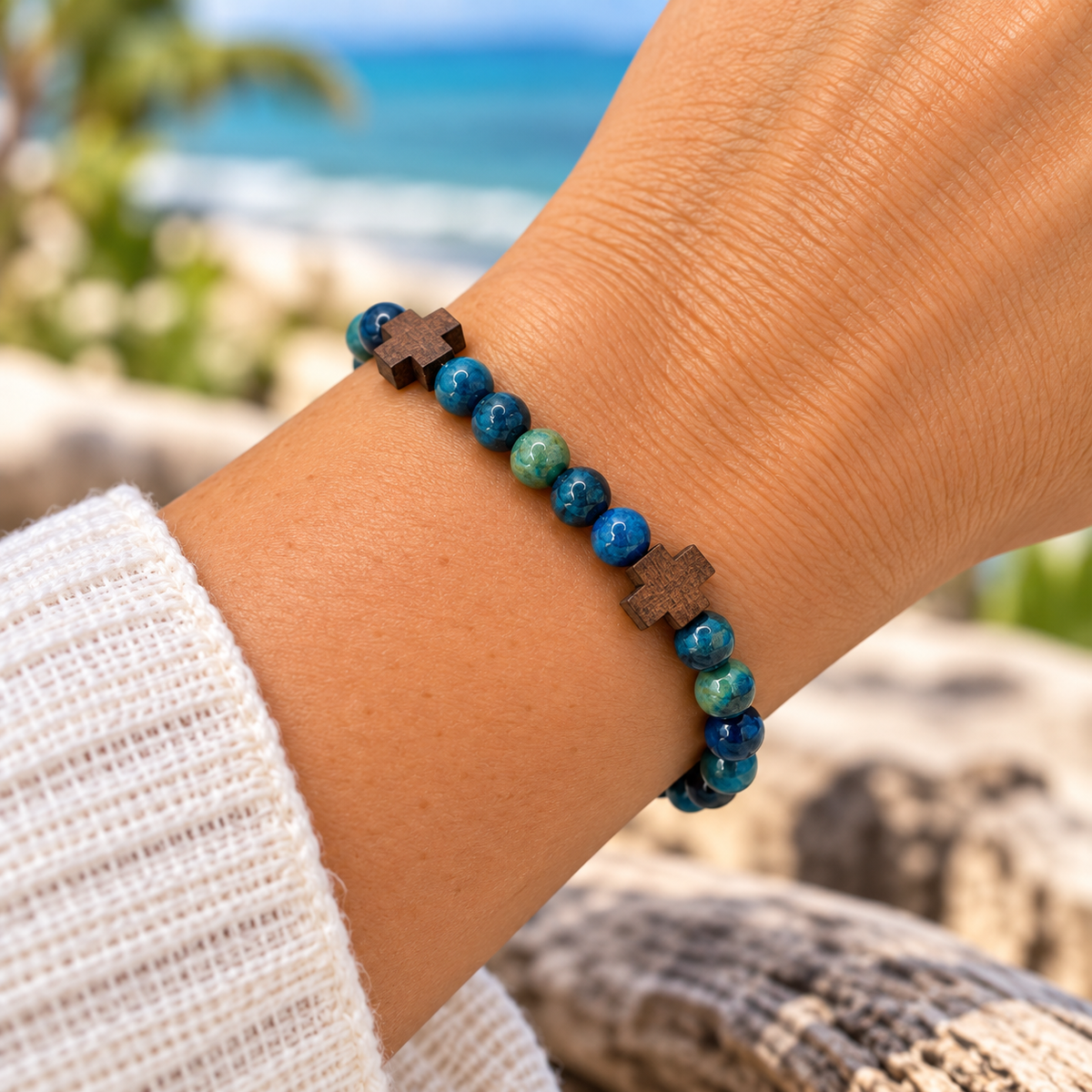 Blue Tiger Eye &amp; Wooden Cross Bracelet