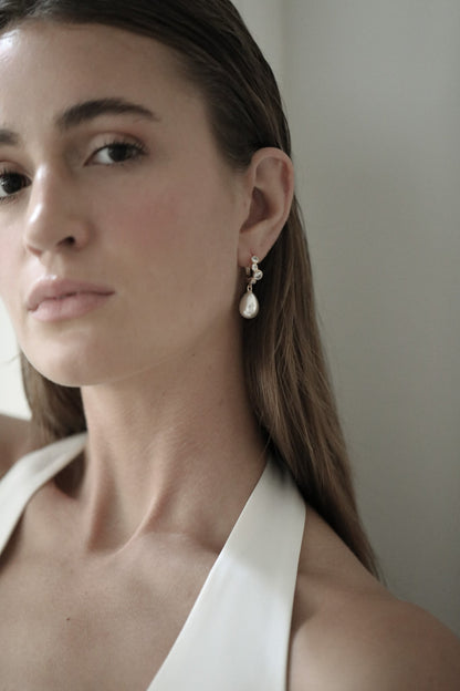 Stacked Bezel Pearl Hoop Drop Earrings