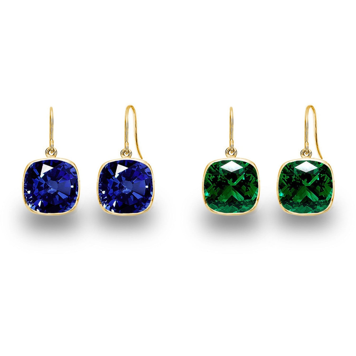 2 Pair Pack: 9.00 CTW Cushion Cut Created Blue Sapphire &amp; Emerald Drop Earrings – Available in .925 Sterling Silver or 14kt Yellow Gold Over .925 – 8mm Square Gems